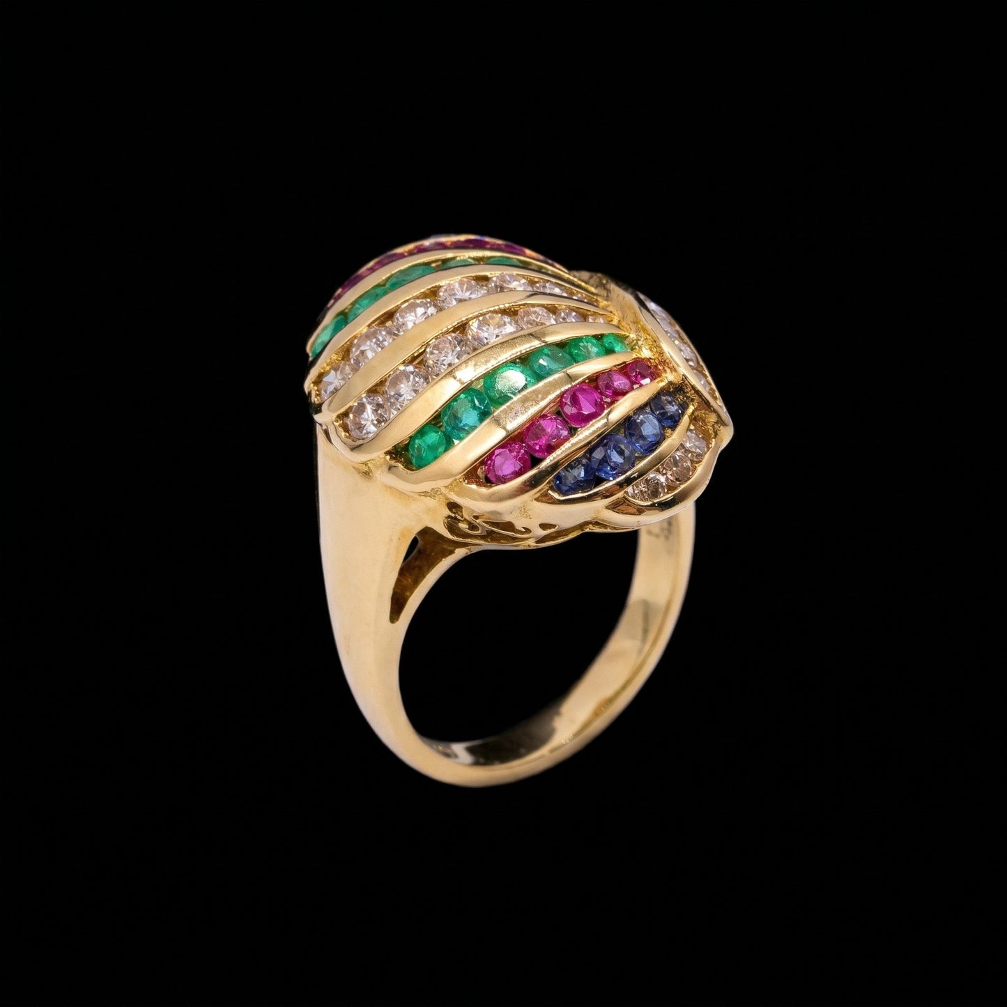 18K Yellow Gold Harlequin Rainbow Dome Ring - Diamonds, Rubies, Sapphires & Emeralds