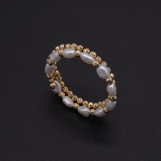 18K Gold Adjustable Memory Wire Ring with Japanese Keshi Pearls One Size Fits All
