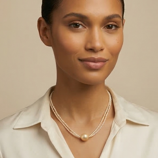 Champagne Akoya keshi pearl two-strand necklace with golden centre pearl and 18k gold clasp