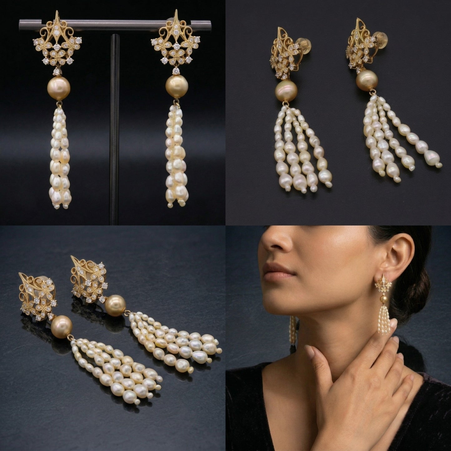 Akoya keshi pearl antique-style tassel earrings in 18k gold