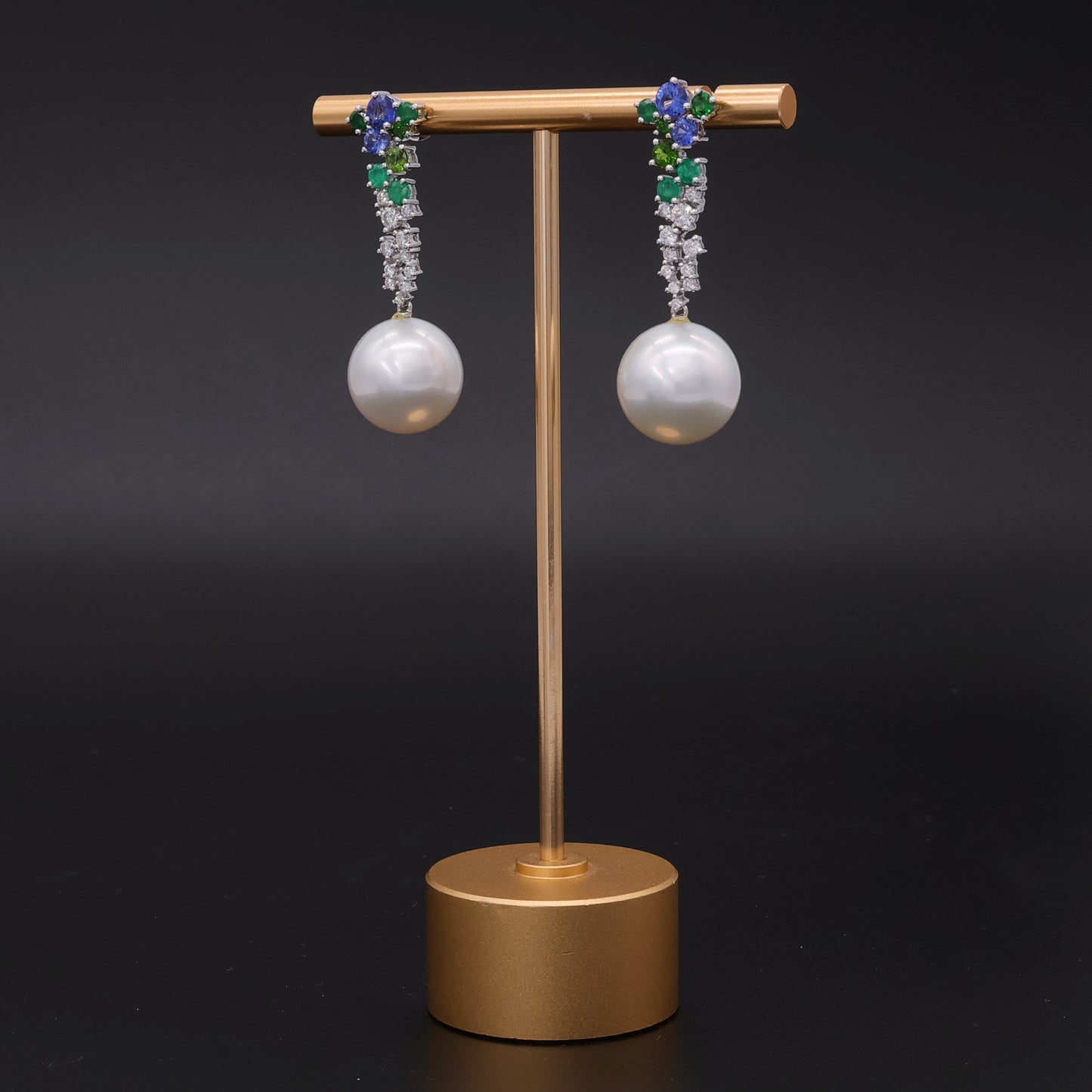 Floral Multi-Gemstone Cascade Earrings in 18k White Gold with South Sea AAA Round Pearls