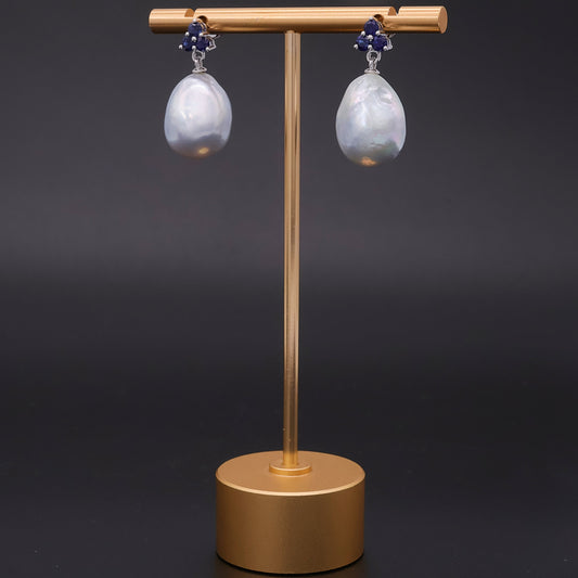South Sea Baroque Pearl and Dark Blue Sapphire Cluster Drop Earrings in 18K White Gold