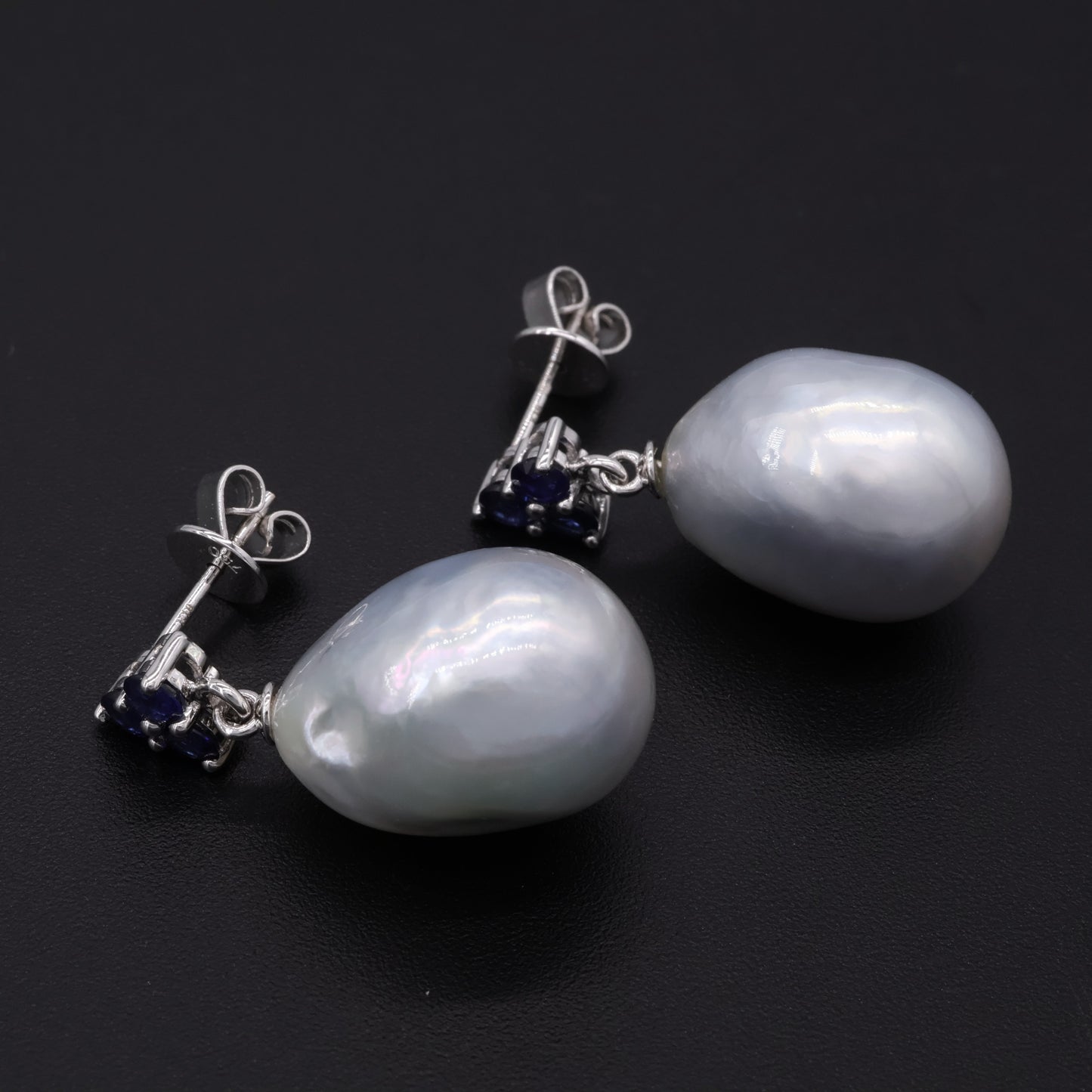South Sea baroque pearl and blue sapphire cluster drop earrings in 18k white gold