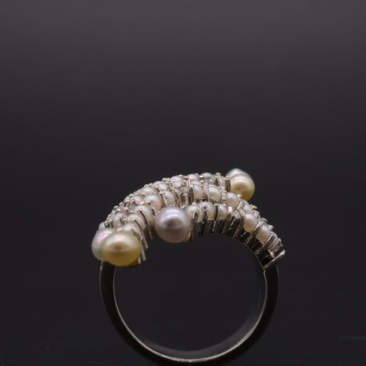 Multi Row Ring with Diamonds and Keshi Pearls in Platinum