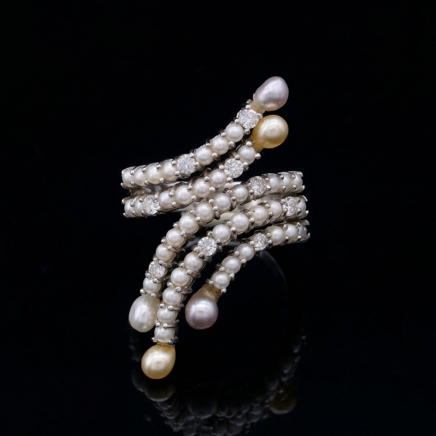Platinum South Sea keshi pearl ring with twisted multi-row band and diamonds