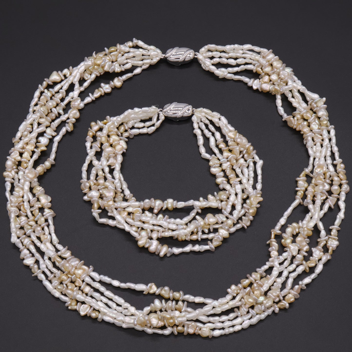 6-Strand Japanese Akoya Saltwater Keshi Pearl Necklace & Bracelet Set – Convertible 3-in-1 Design