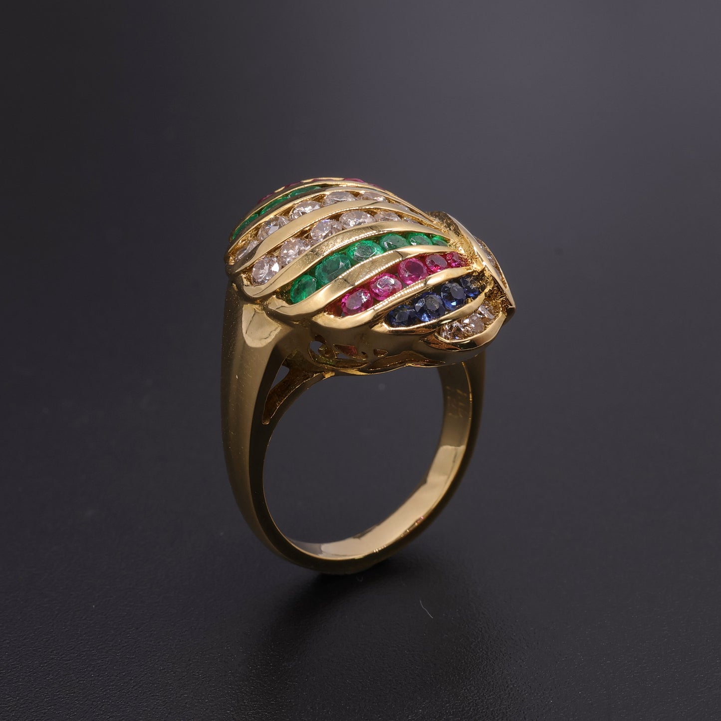 18K Yellow Gold Harlequin Rainbow Dome Ring - Diamonds, Rubies, Sapphires & Emeralds