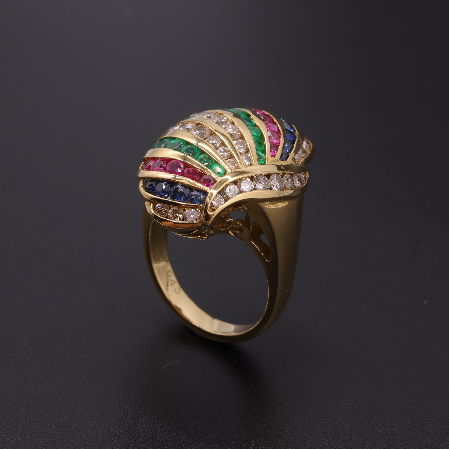18K Yellow Gold Harlequin Rainbow Dome Ring - Diamonds, Rubies, Sapphires & Emeralds