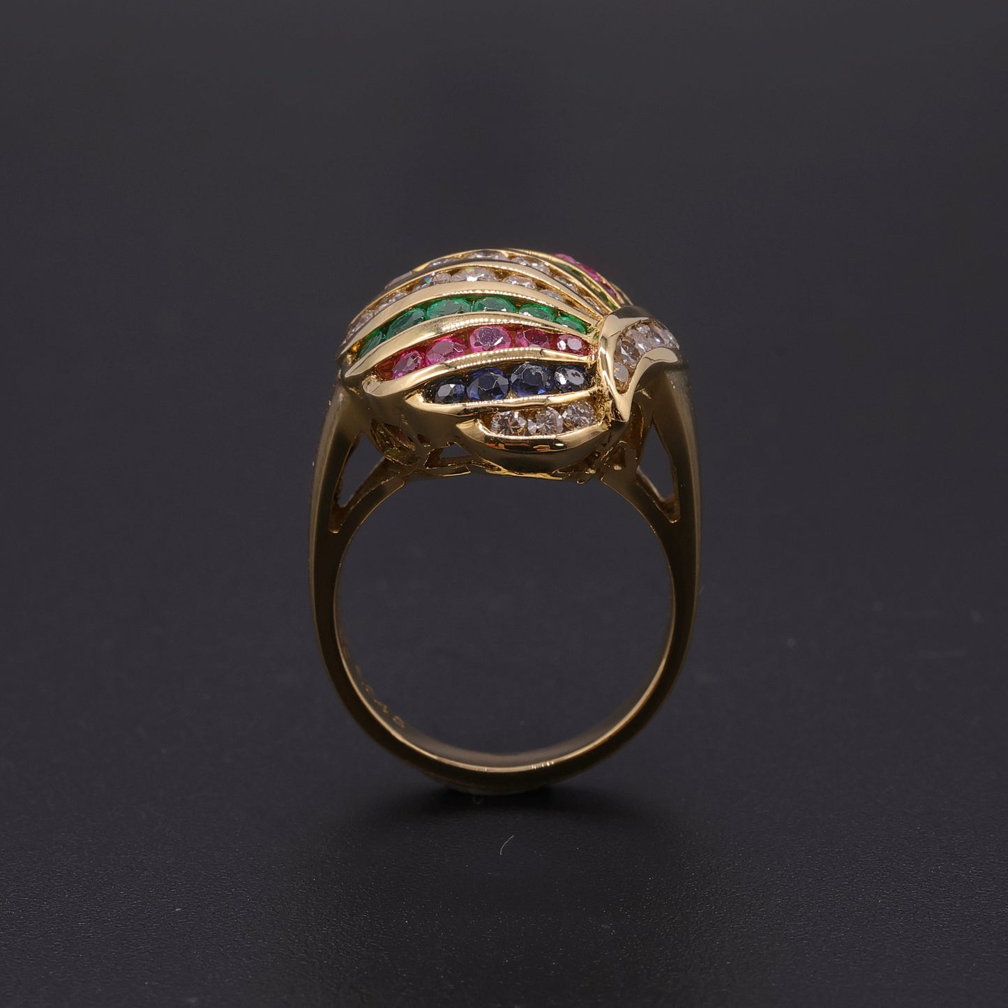18K Yellow Gold Harlequin Rainbow Dome Ring - Diamonds, Rubies, Sapphires & Emeralds