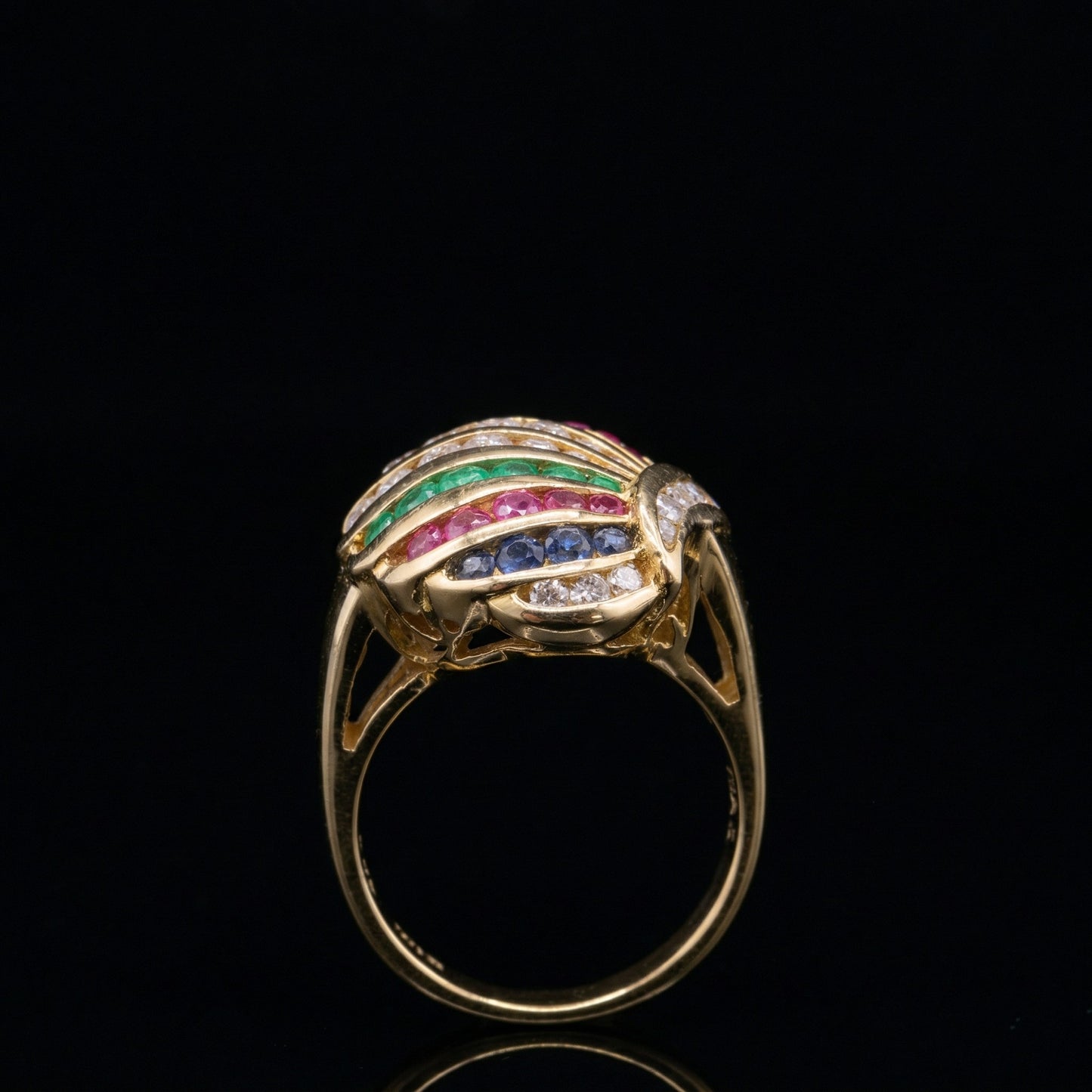 18K Yellow Gold Harlequin Rainbow Dome Ring - Diamonds, Rubies, Sapphires & Emeralds
