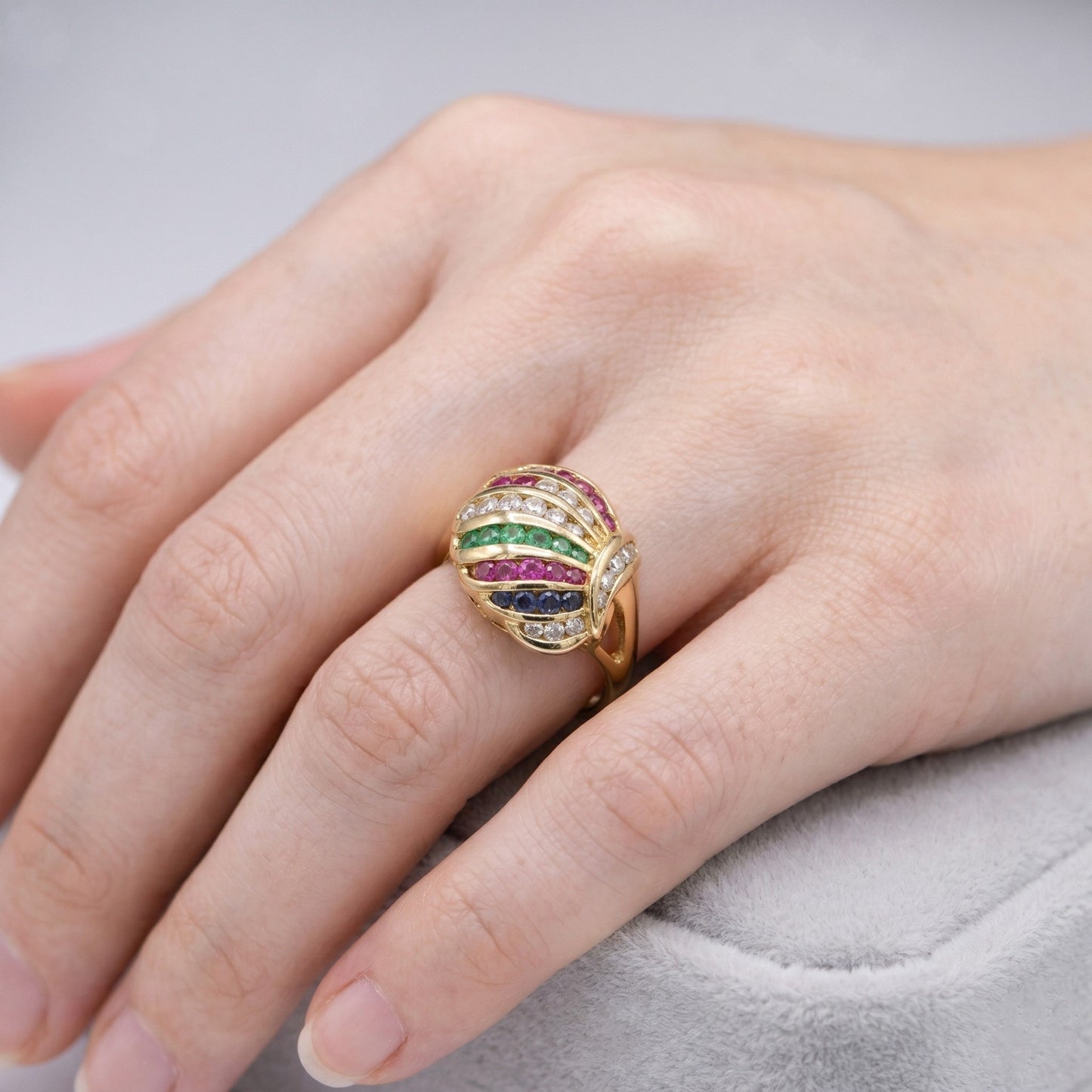 18K Yellow Gold Harlequin Rainbow Dome Ring - Diamonds, Rubies, Sapphires & Emeralds
