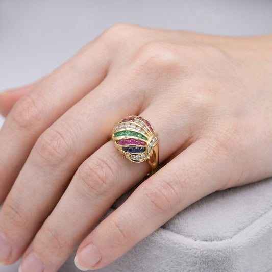 18K Yellow Gold Harlequin Rainbow Dome Ring - Diamonds, Rubies, Sapphires & Emeralds