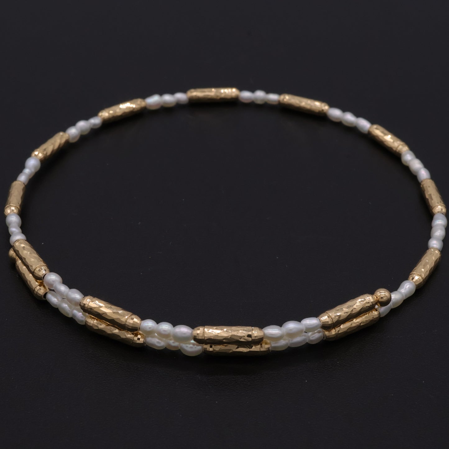 18K Gold Adjustable Memory Wire Bracelet with Japanese Keshi Pearls One Size Fits All