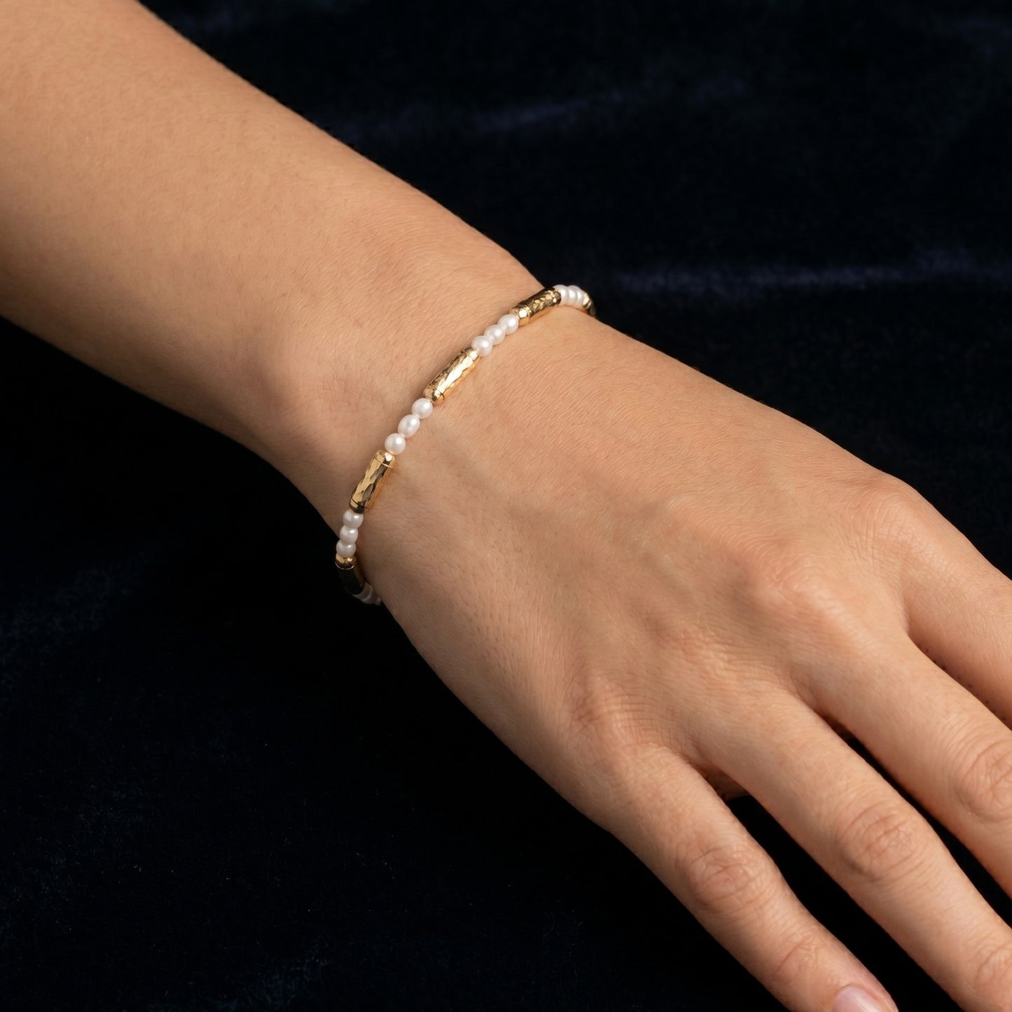 18K Gold Adjustable Memory Wire Bracelet with Japanese Keshi Pearls One Size Fits All