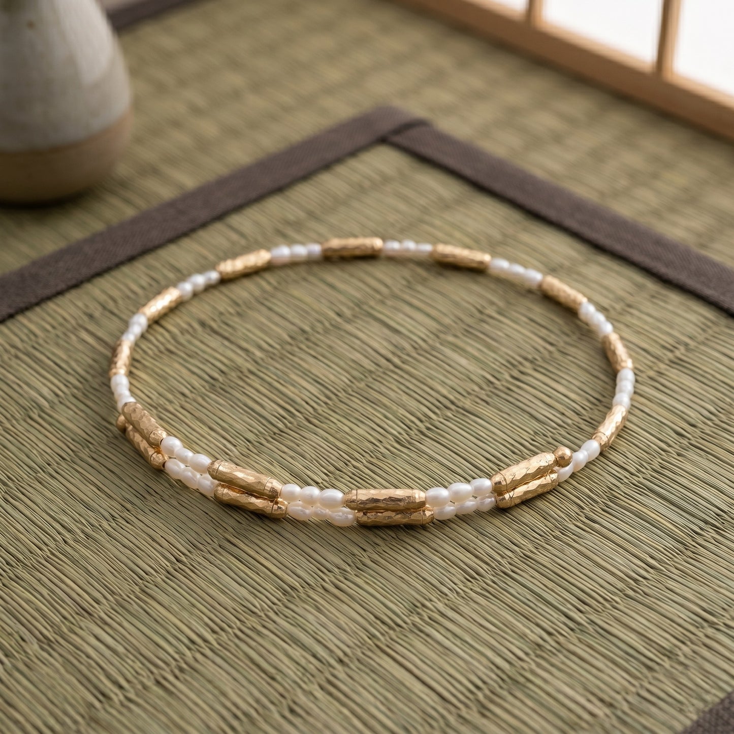 18K Gold Adjustable Memory Wire Bracelet with Japanese Keshi Pearls One Size Fits All