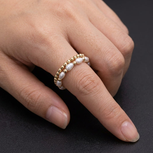18K Gold Adjustable Memory Wire Ring with Japanese Keshi Pearls One Size Fits All
