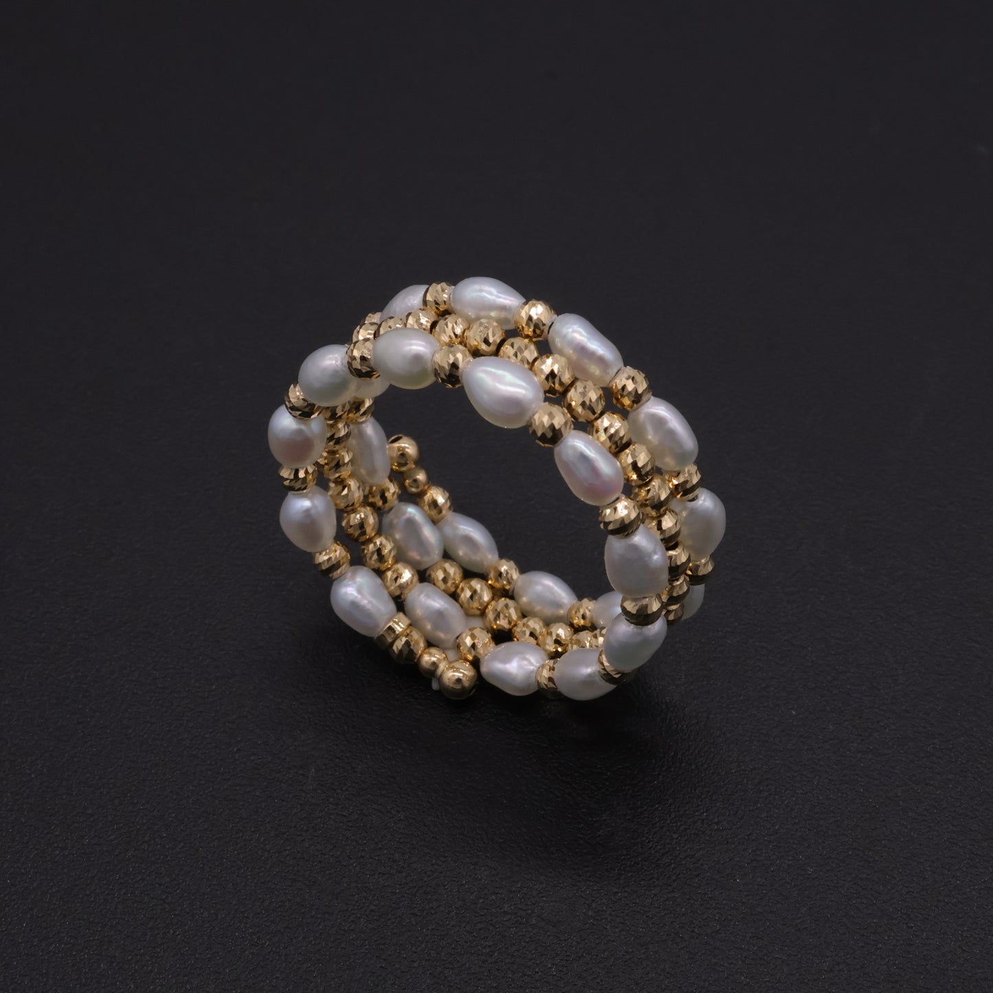 18K Gold Adjustable Memory Wire 3 Row Ring with Japanese Keshi Pearls One Size Fits All