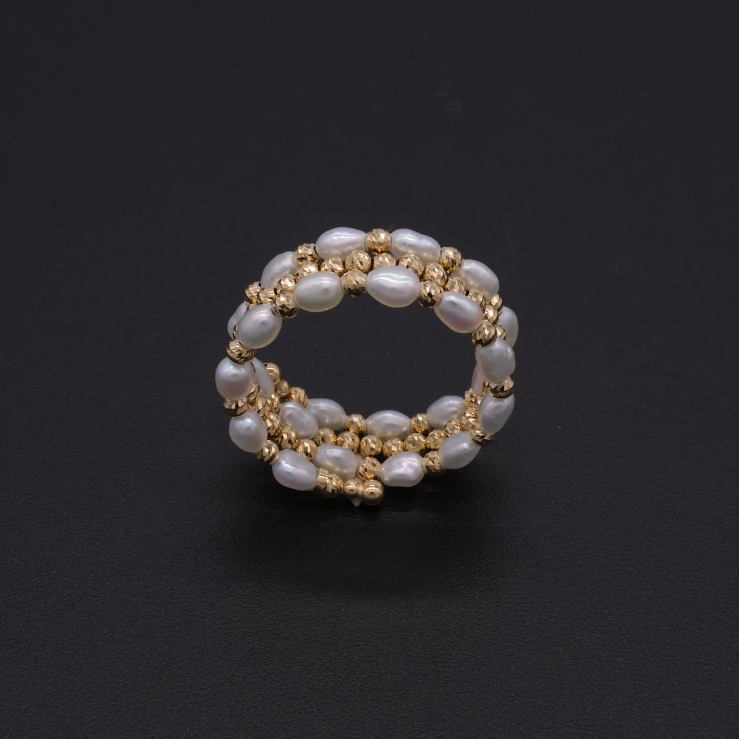 18K Gold Adjustable Memory Wire 3 Row Ring with Japanese Keshi Pearls One Size Fits All
