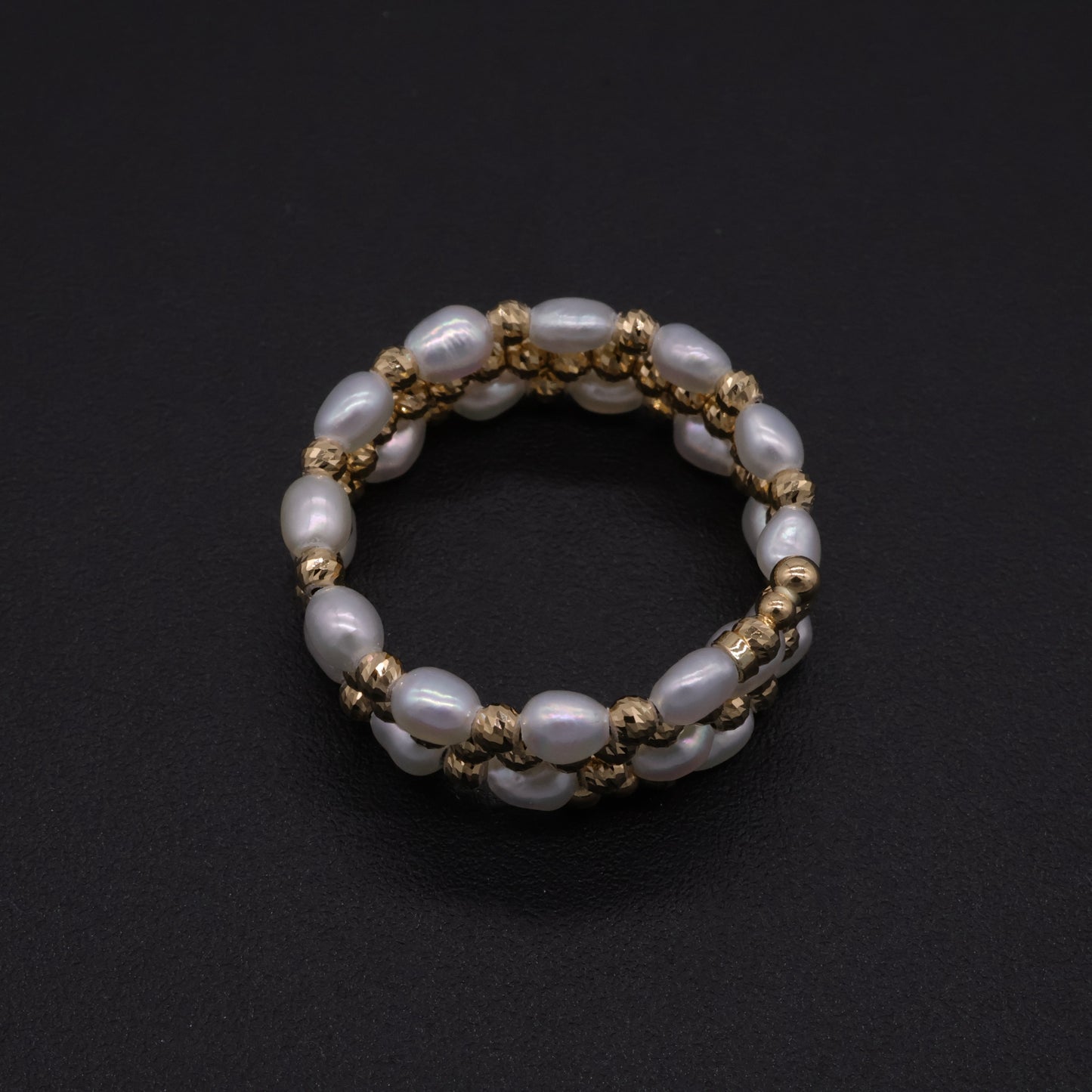 18K Gold Adjustable Memory Wire 3 Row Ring with Japanese Keshi Pearls One Size Fits All