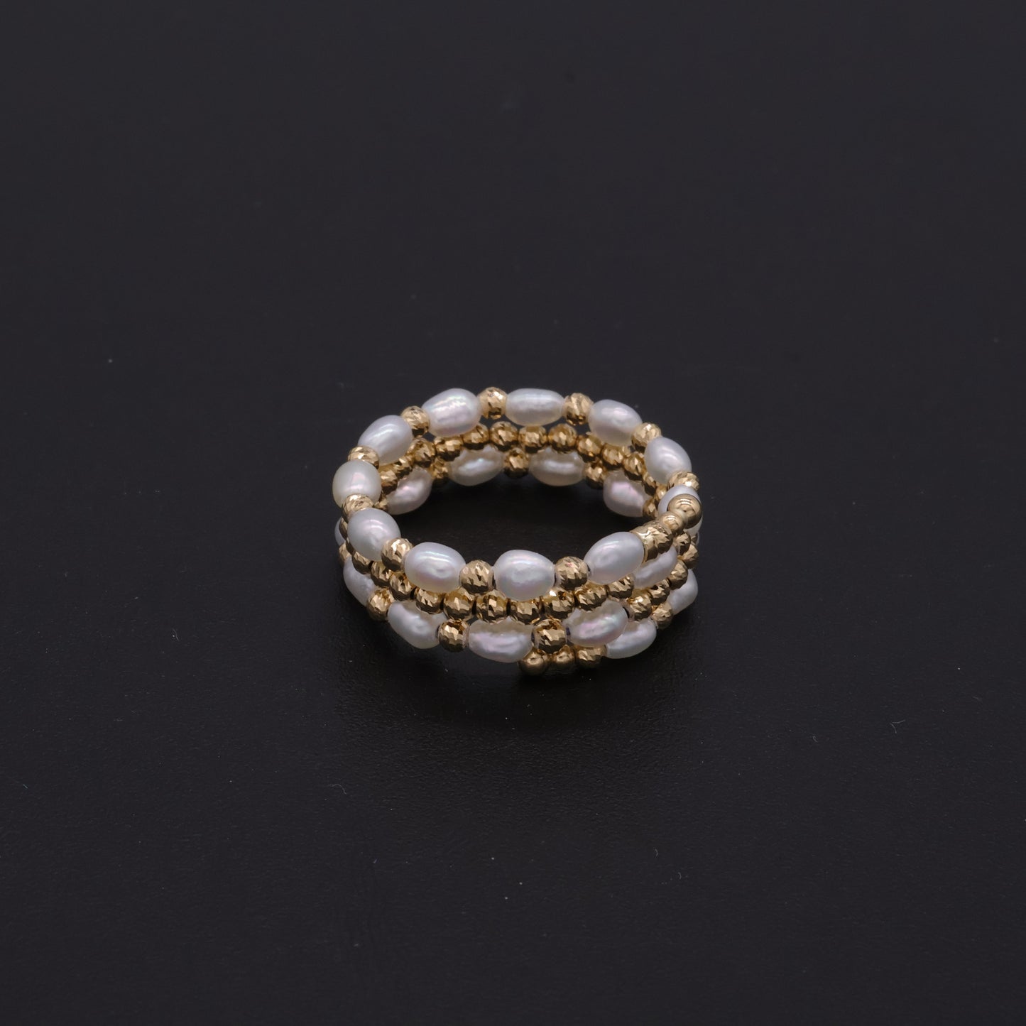 18K Gold Adjustable Memory Wire 3 Row Ring with Japanese Keshi Pearls One Size Fits All