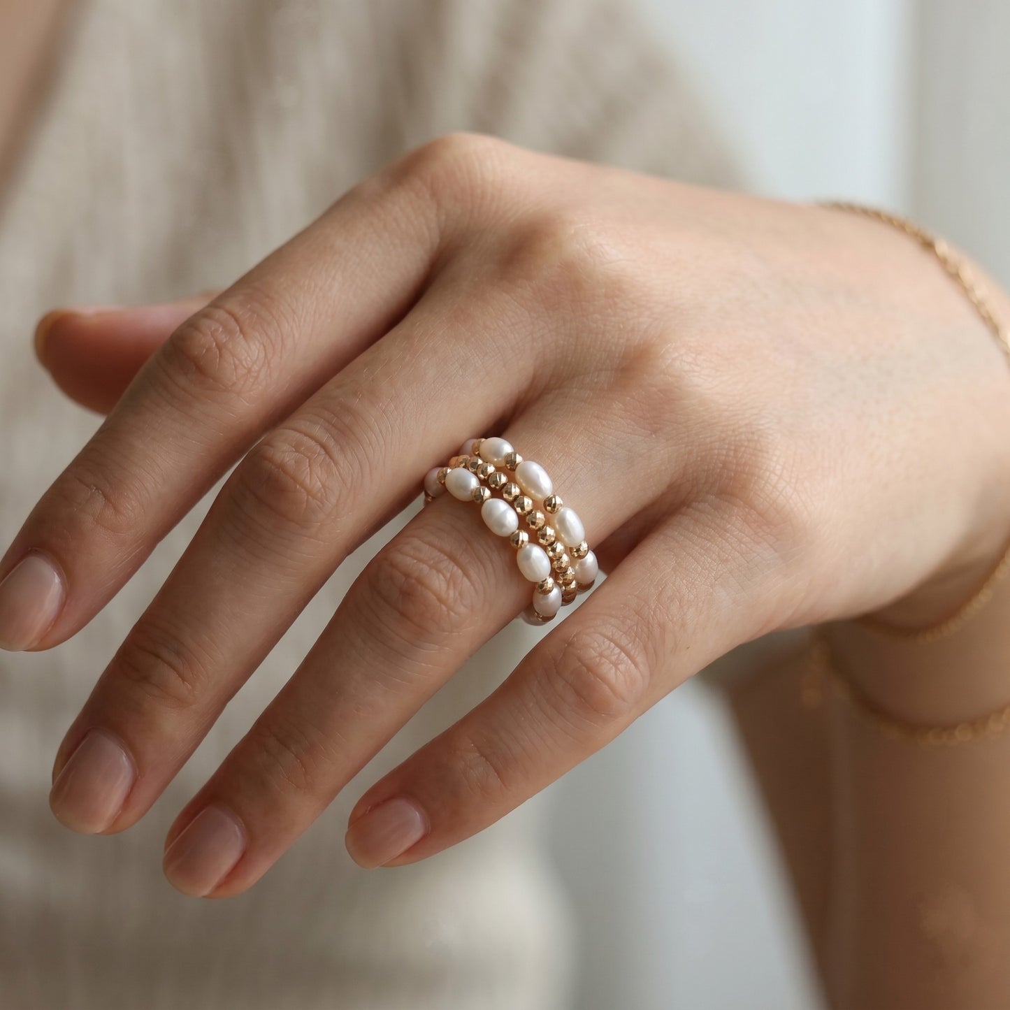 18K Gold Adjustable Memory Wire 3 Row Ring with Japanese Keshi Pearls One Size Fits All