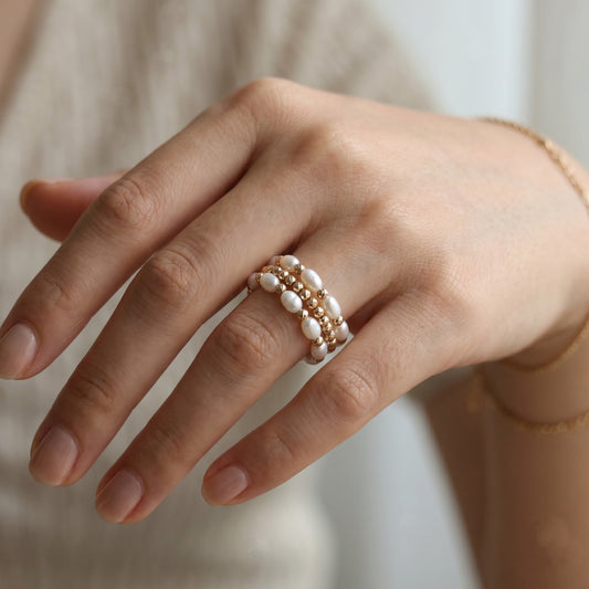 18K Gold Adjustable Memory Wire 3 Row Ring with Japanese Keshi Pearls One Size Fits All