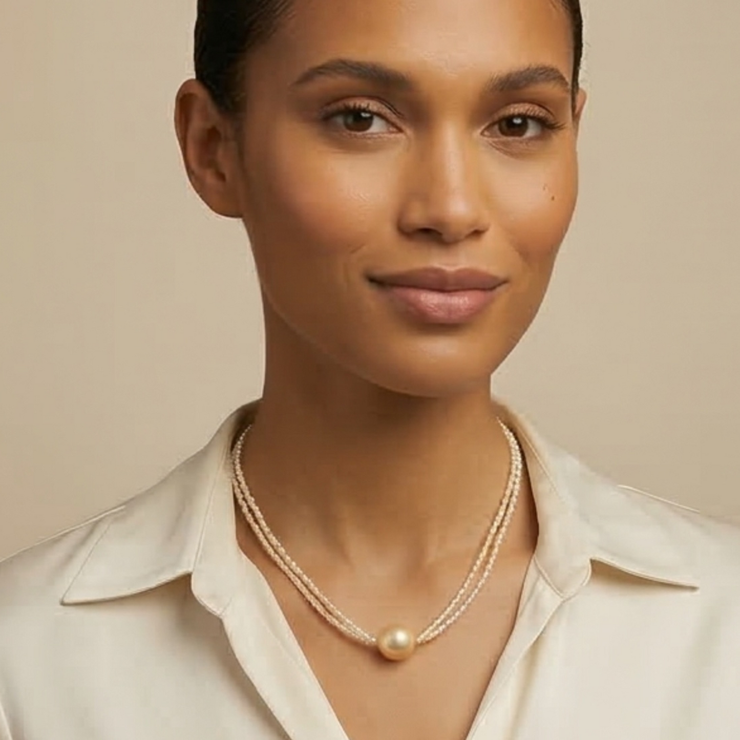 Japanese Akoya Keshi Double Strand Necklace with South Sea Center Pearl