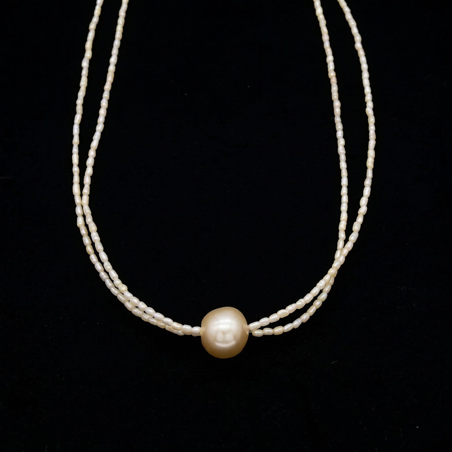 Japanese Akoya Keshi Double Strand Necklace with South Sea Center Pearl