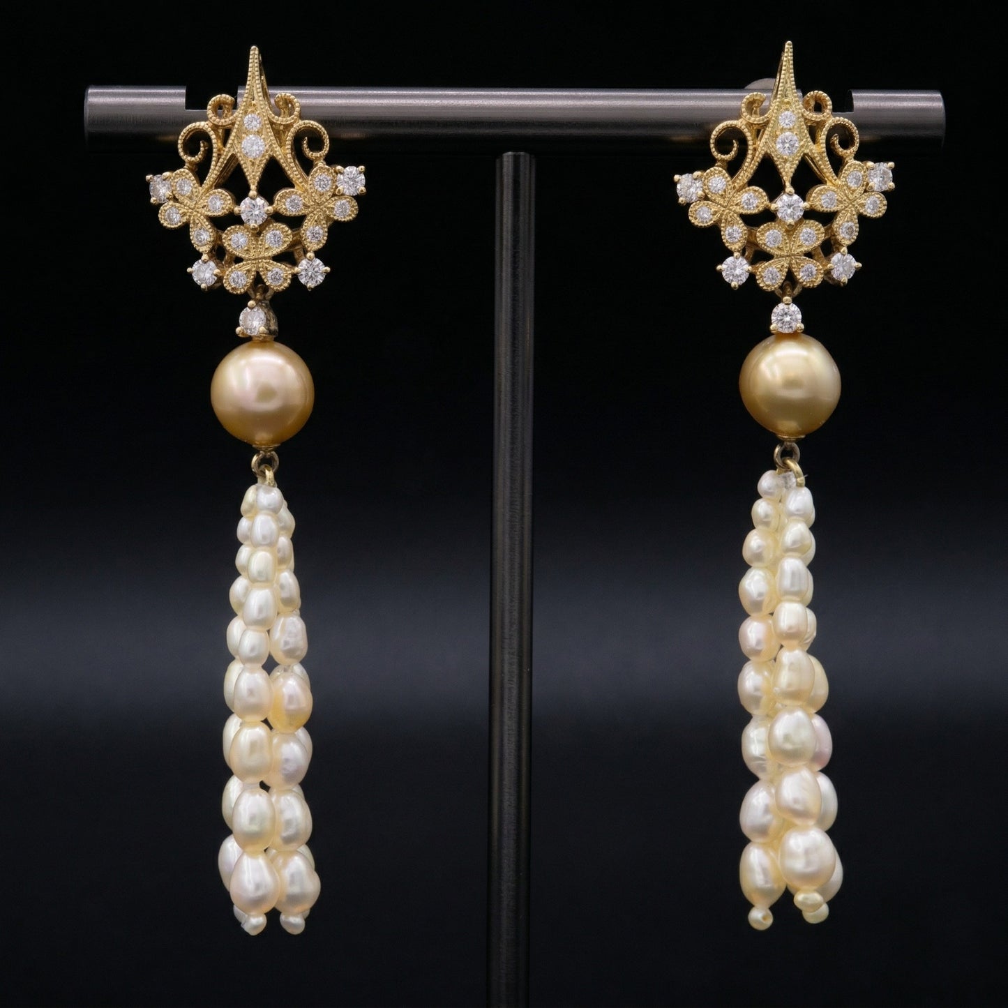 Akoya keshi pearl antique-style tassel earrings in 18k gold
