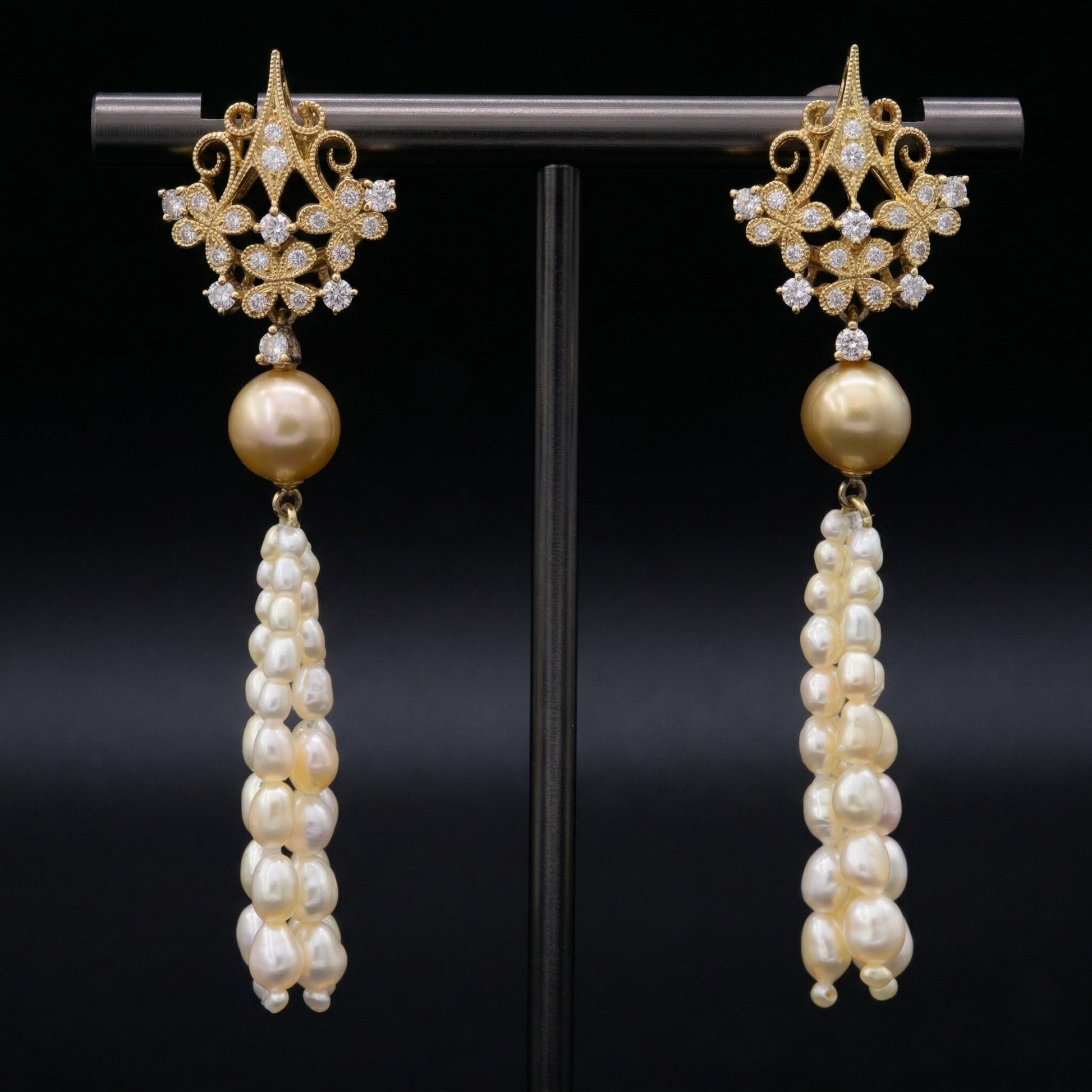 Akoya keshi pearl antique-style tassel earrings in 18k gold