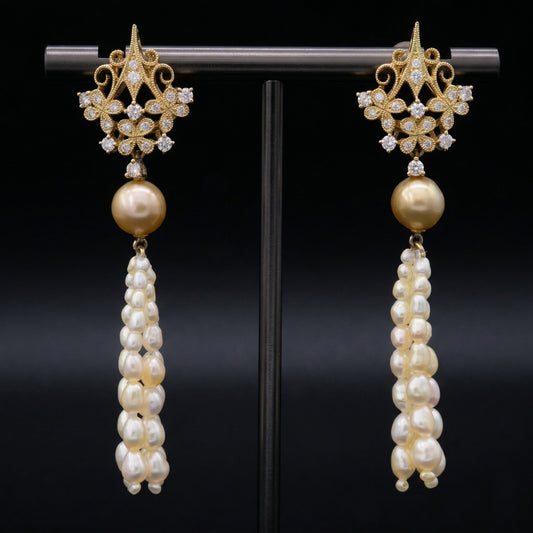 18k Gold Antique Style Tassel Earrings: Akoya Keshi & Cultured Pearls