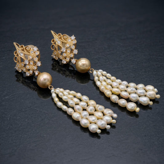 18k Gold Antique Style Tassel Earrings: Akoya Keshi & Cultured Pearls