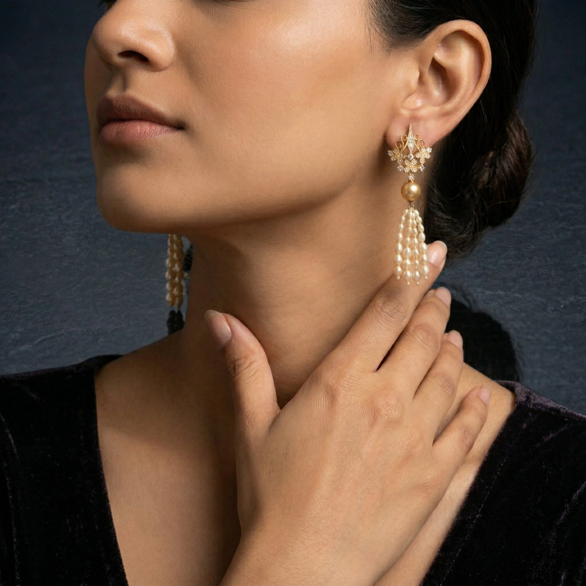 Akoya keshi pearl antique-style tassel earrings in 18k gold