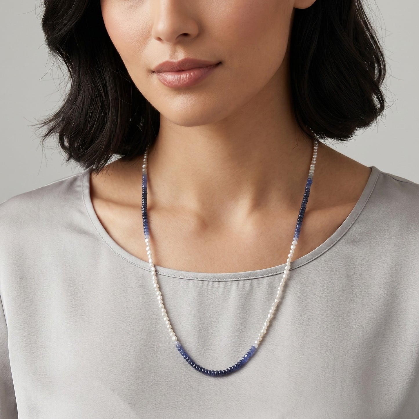 Sapphire and Keshi Pearl Necklace Ombré Design with 18K Clasp