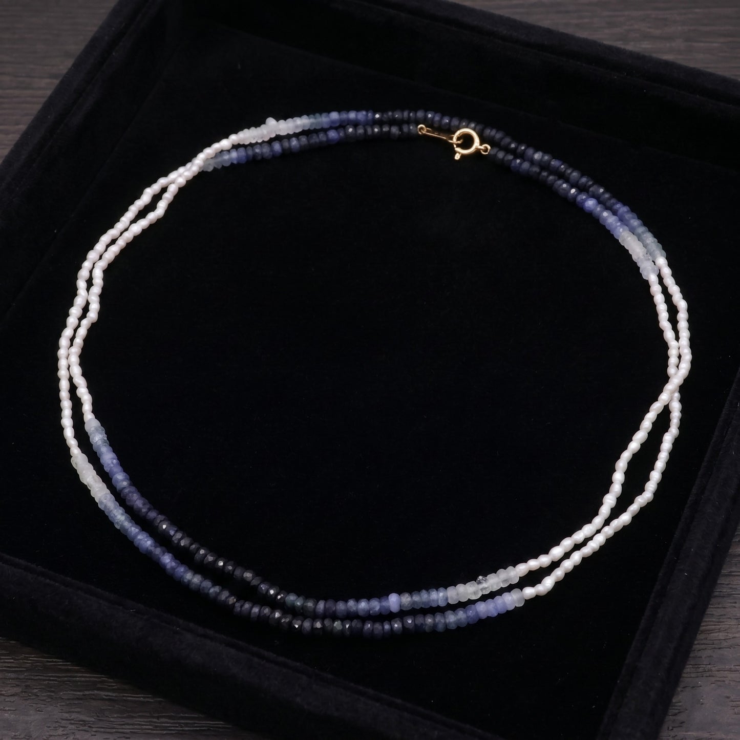 Sapphire and Keshi Pearl Necklace Ombré Design with 18K Clasp