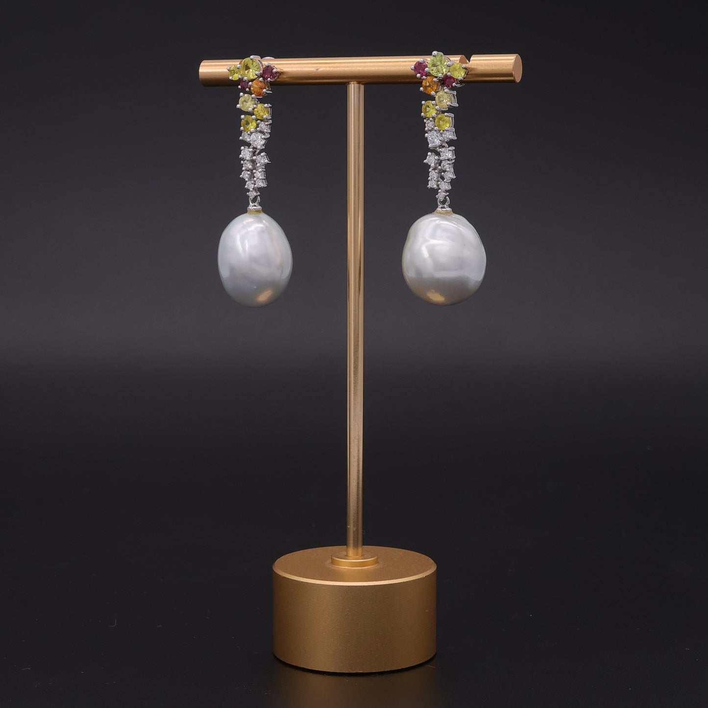 Floral Multi-Gemstone Cascade Earrings in 18k Gold with South Sea Baroque Pearls