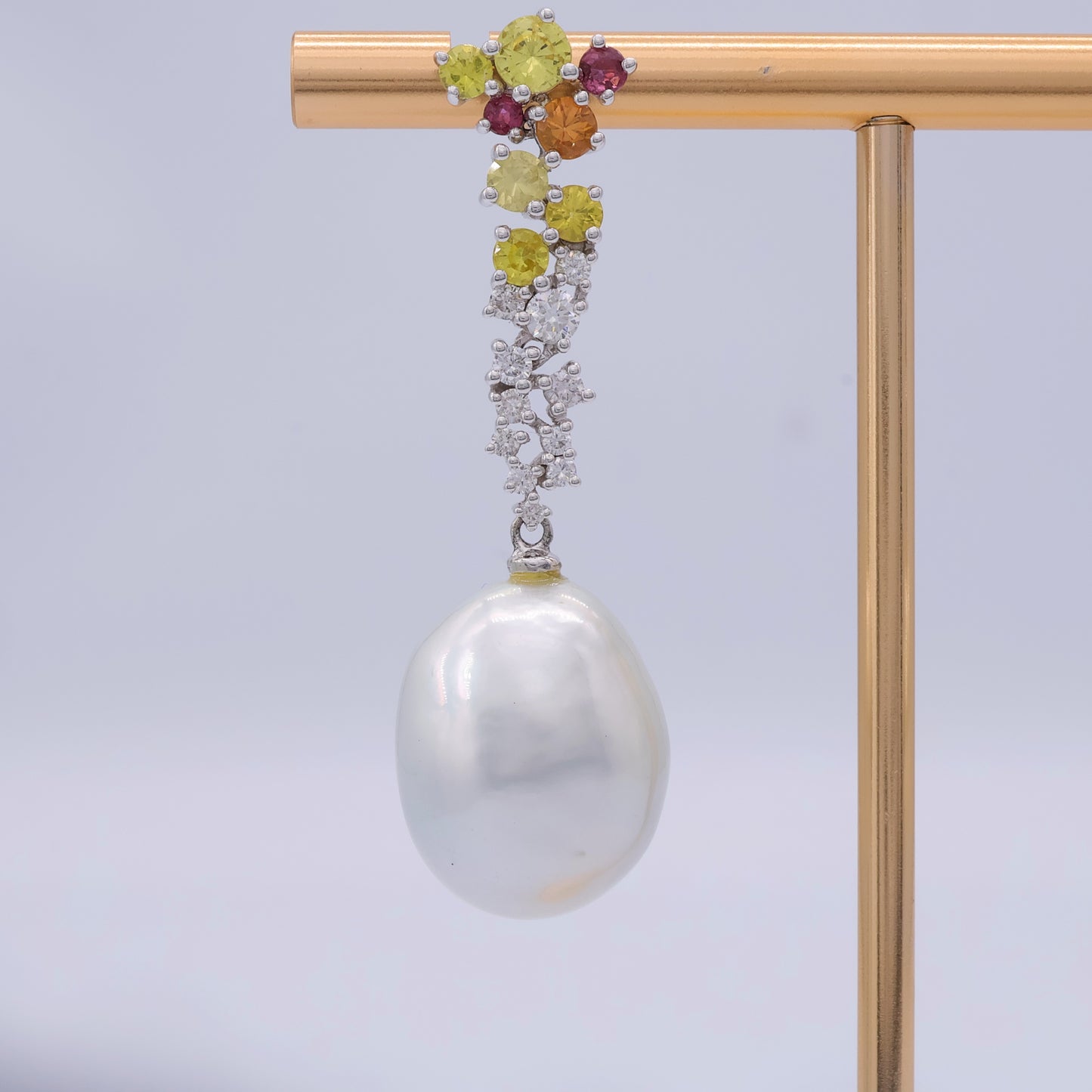Floral Multi-Gemstone Cascade Earrings in 18k Gold with South Sea Baroque Pearls