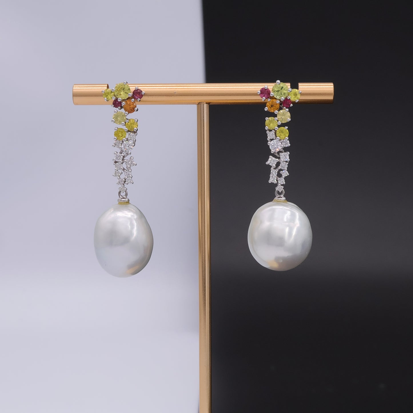 Floral Multi-Gemstone Cascade Earrings in 18k Gold with South Sea Baroque Pearls