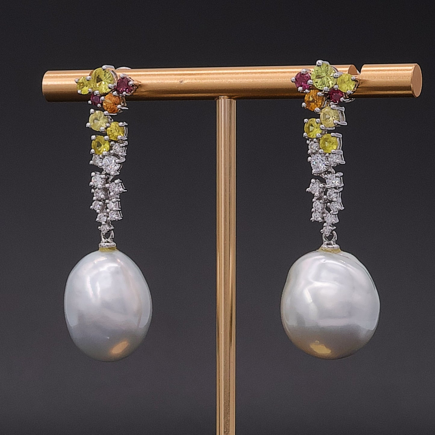 Floral Multi-Gemstone Cascade Earrings in 18k Gold with South Sea Baroque Pearls