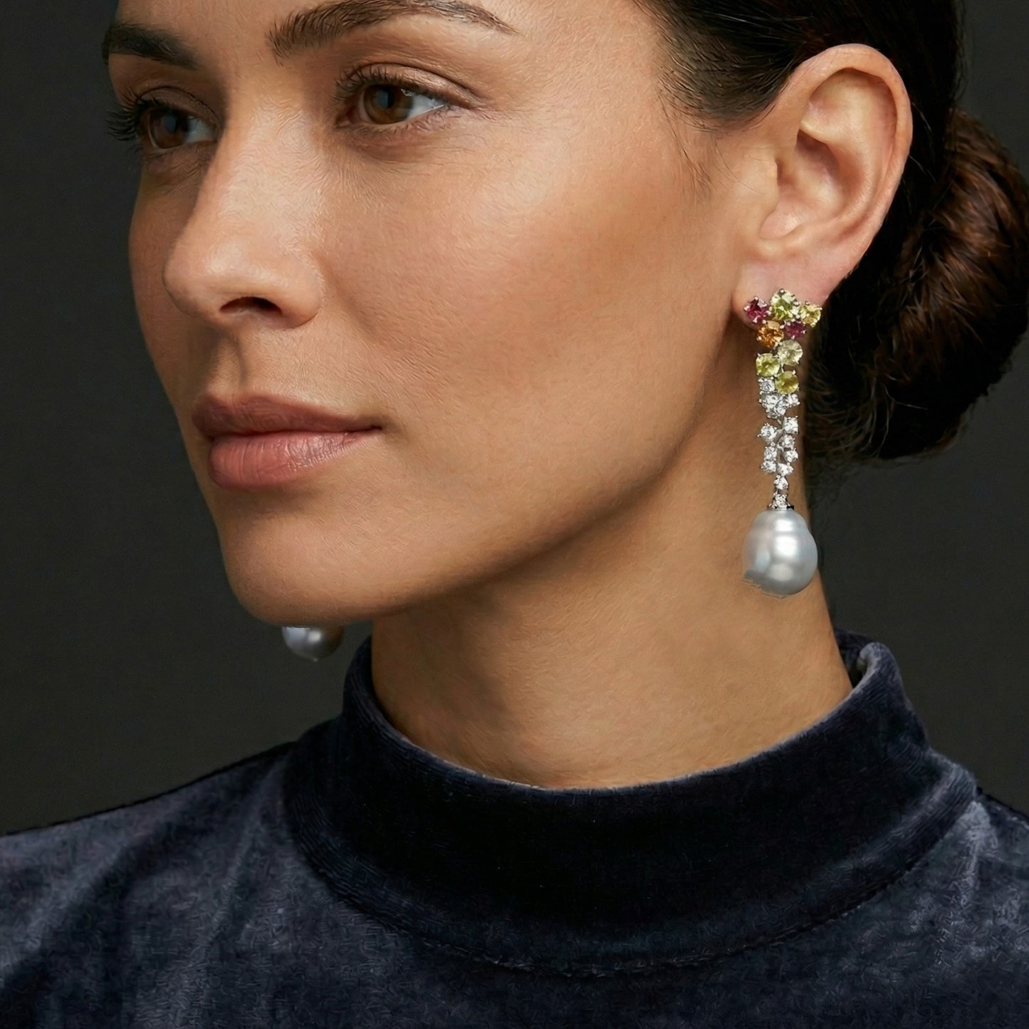 Floral Multi-Gemstone Cascade Earrings in 18k Gold with South Sea Baroque Pearls