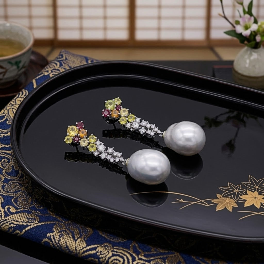 Floral Multi-Gemstone Cascade Earrings in 18k Gold with South Sea Baroque Pearls