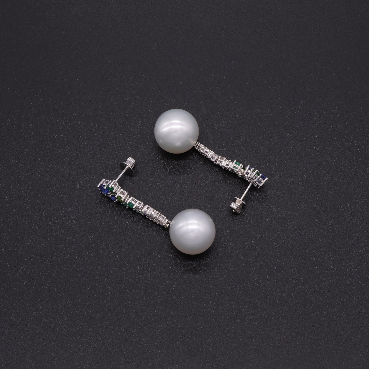 Floral Multi-Gemstone Cascade Earrings in 18k White Gold with South Sea AAA Round Pearls