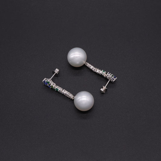 South Sea pearl and multi-gemstone floral cascade earrings in 18k white gold