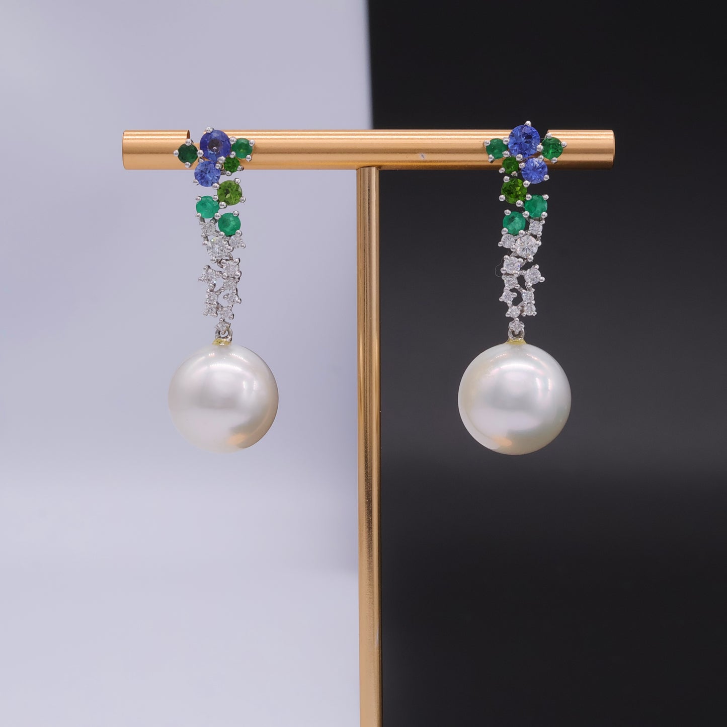 Floral Multi-Gemstone Cascade Earrings in 18k White Gold with South Sea AAA Round Pearls