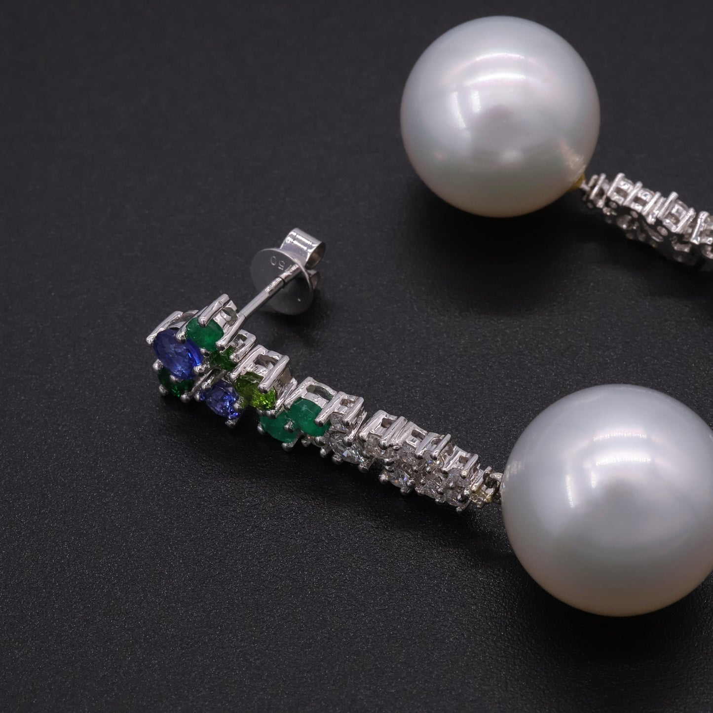 Floral Multi-Gemstone Cascade Earrings in 18k White Gold with South Sea AAA Round Pearls