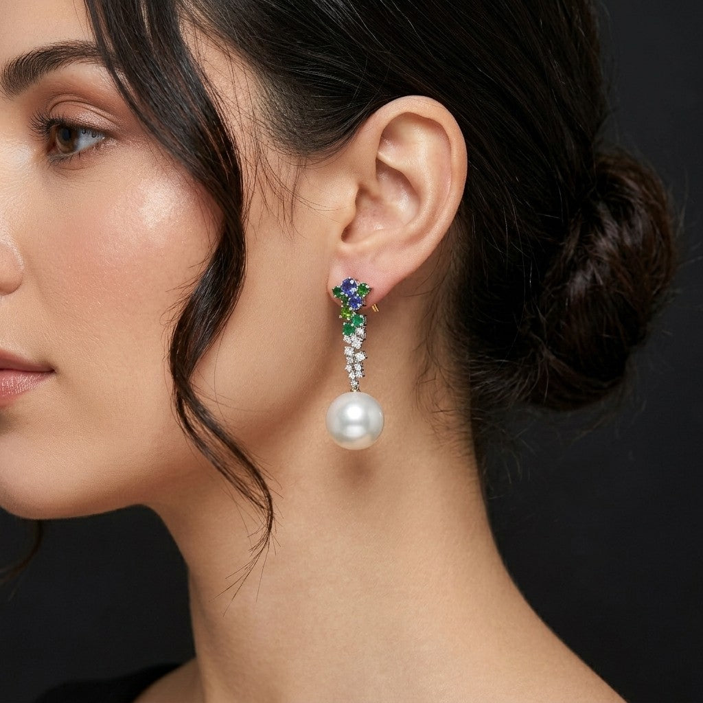 Floral Multi-Gemstone Cascade Earrings in 18k White Gold with South Sea AAA Round Pearls