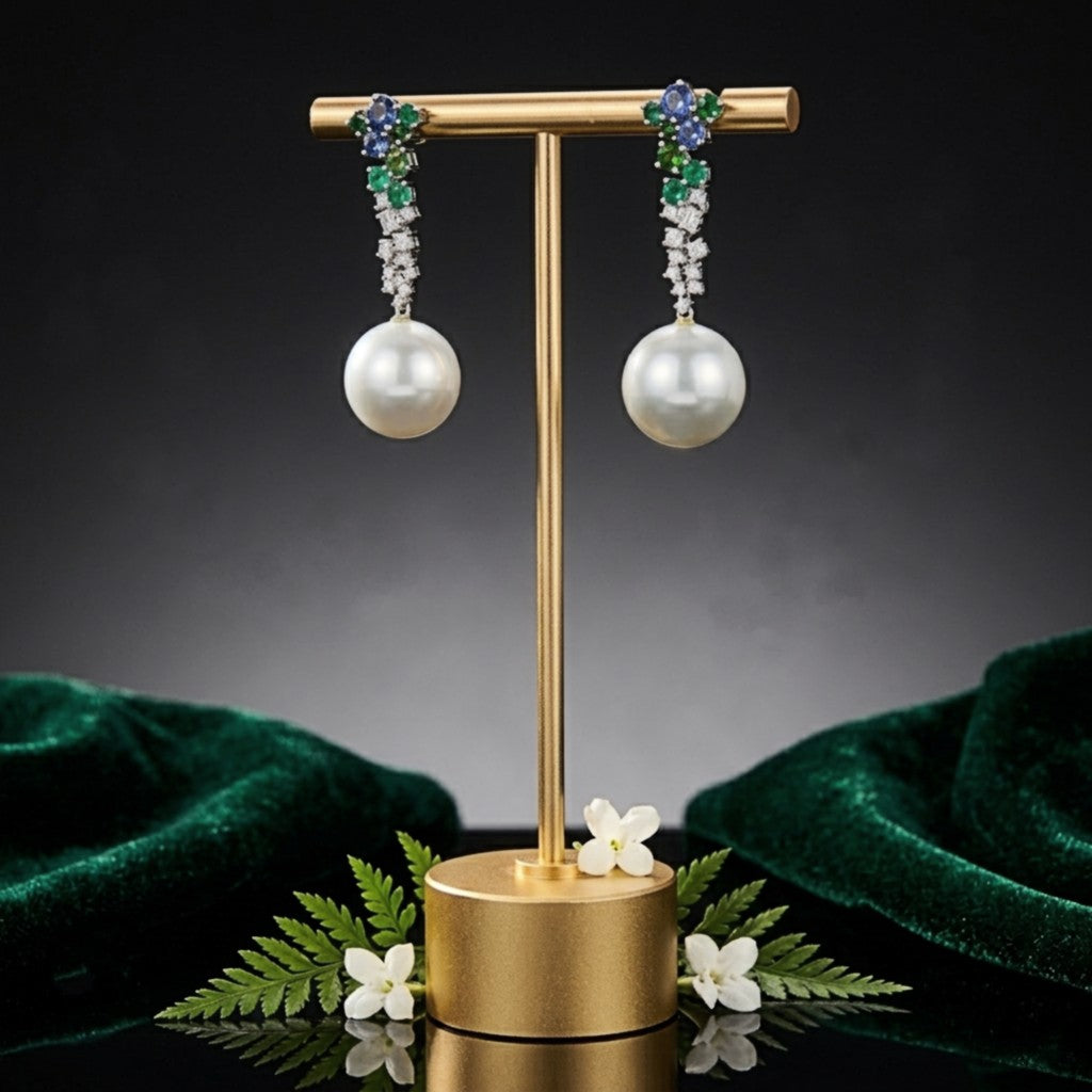 Floral Multi-Gemstone Cascade Earrings in 18k White Gold with South Sea AAA Round Pearls