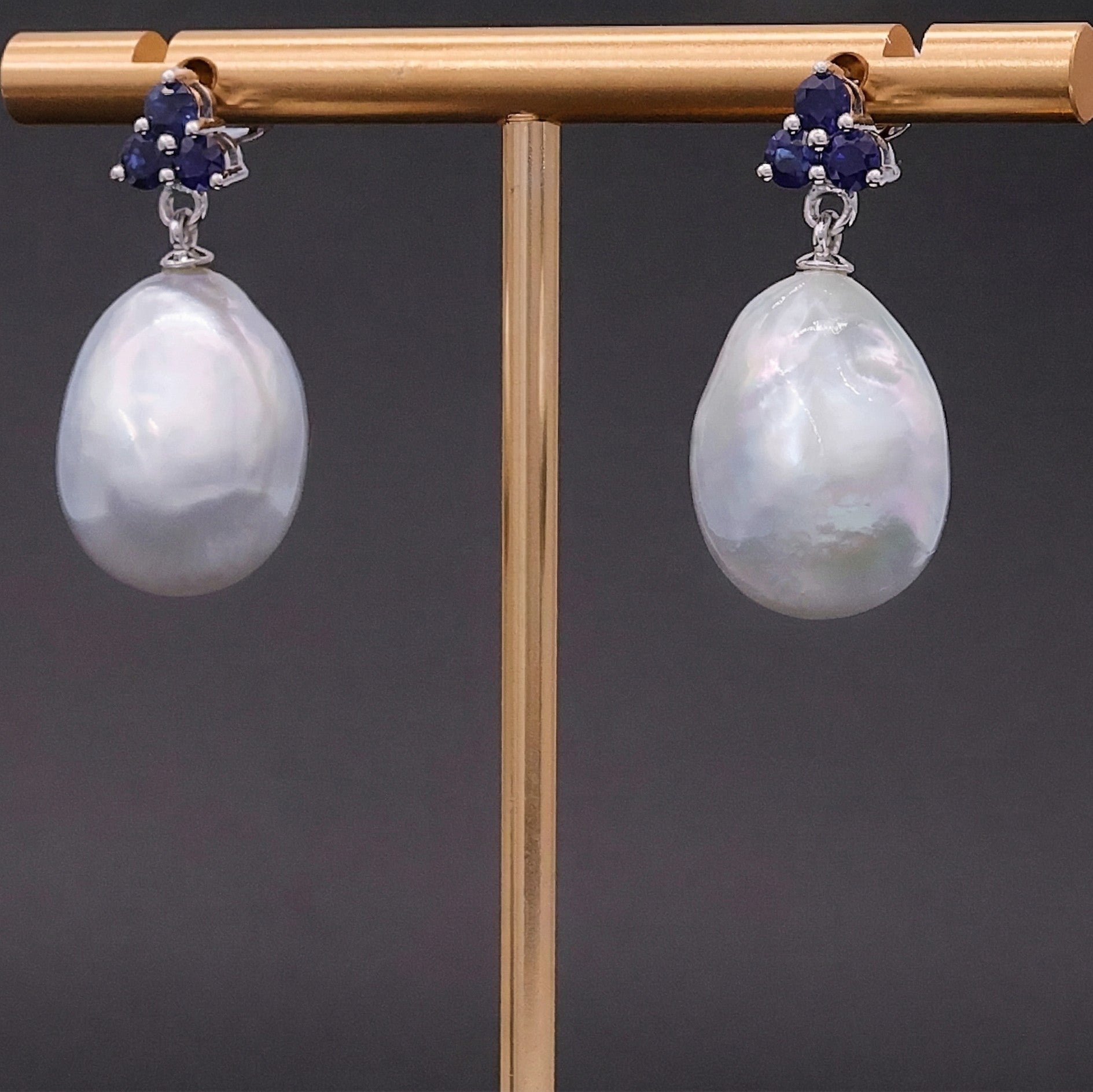 South Sea baroque pearl and blue sapphire cluster drop earrings in 18k white gold