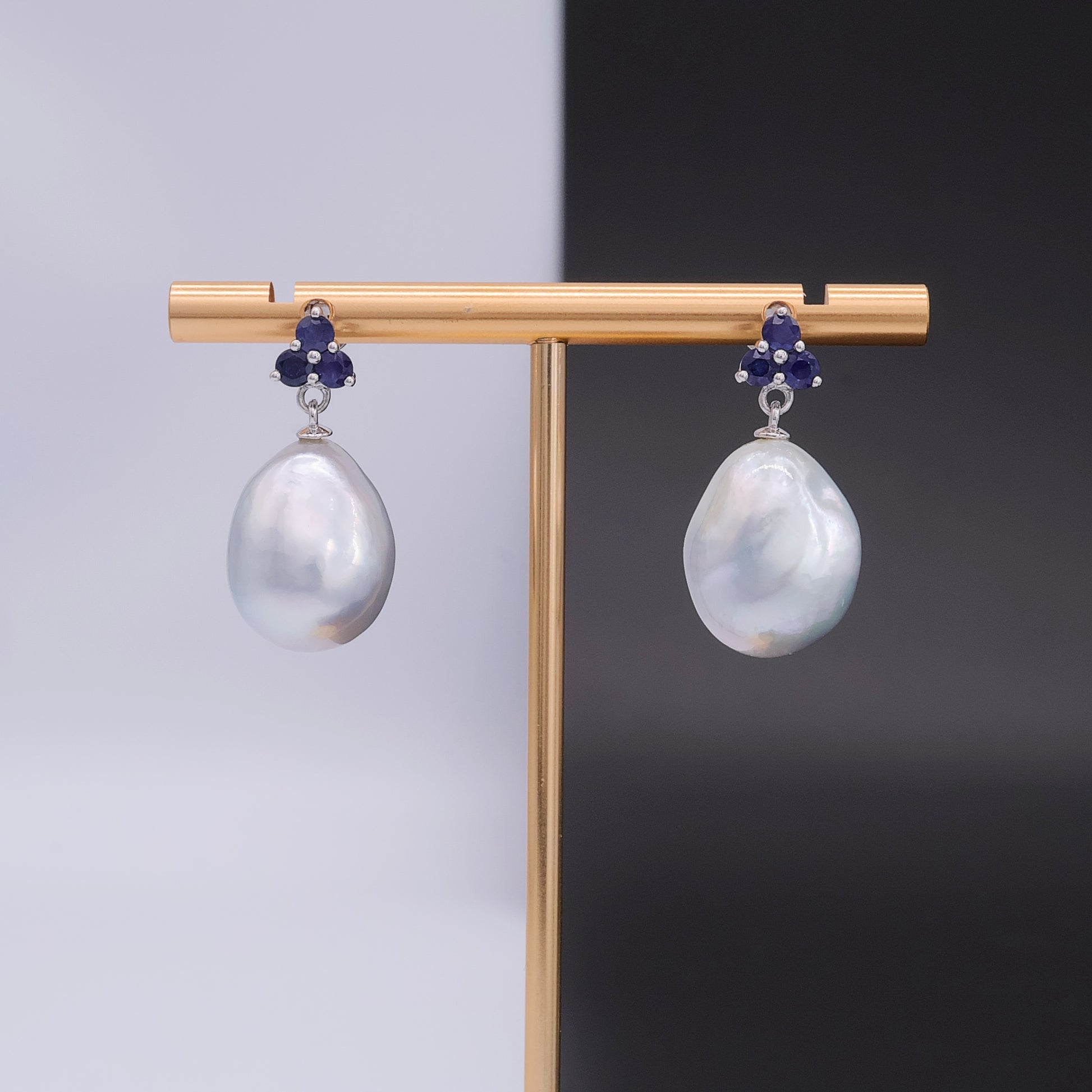 South Sea baroque pearl and blue sapphire cluster drop earrings in 18k white gold