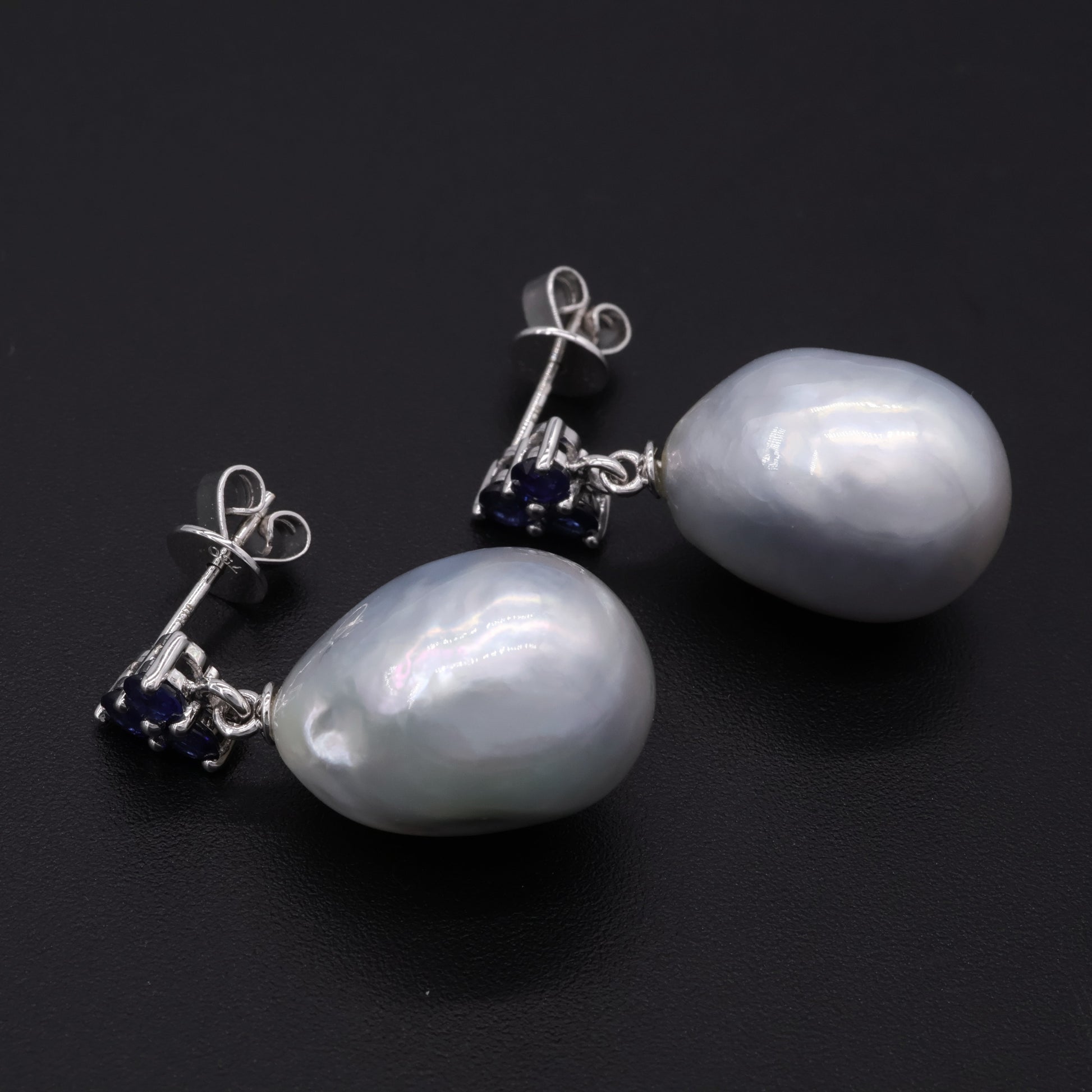 South Sea baroque pearl and blue sapphire cluster drop earrings in 18k white gold